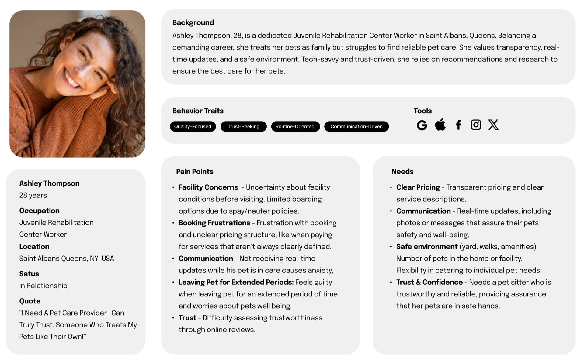 User persona for Ashley Thompson, a busy pet owner, with background, pain points and needs