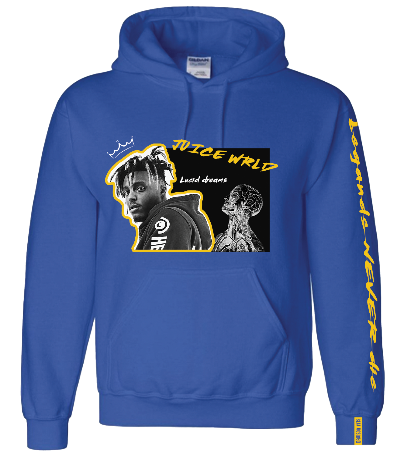 Royal blue hoodie with a Juice WRLD graphic print and sleeve text