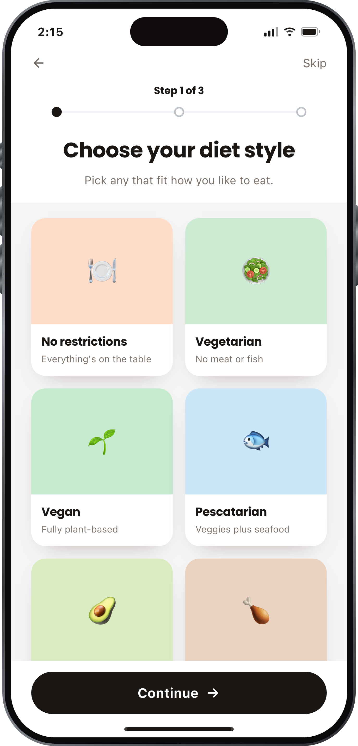 Foodfeed onboarding screen to choose a diet style such as vegetarian, vegan or pescatarian