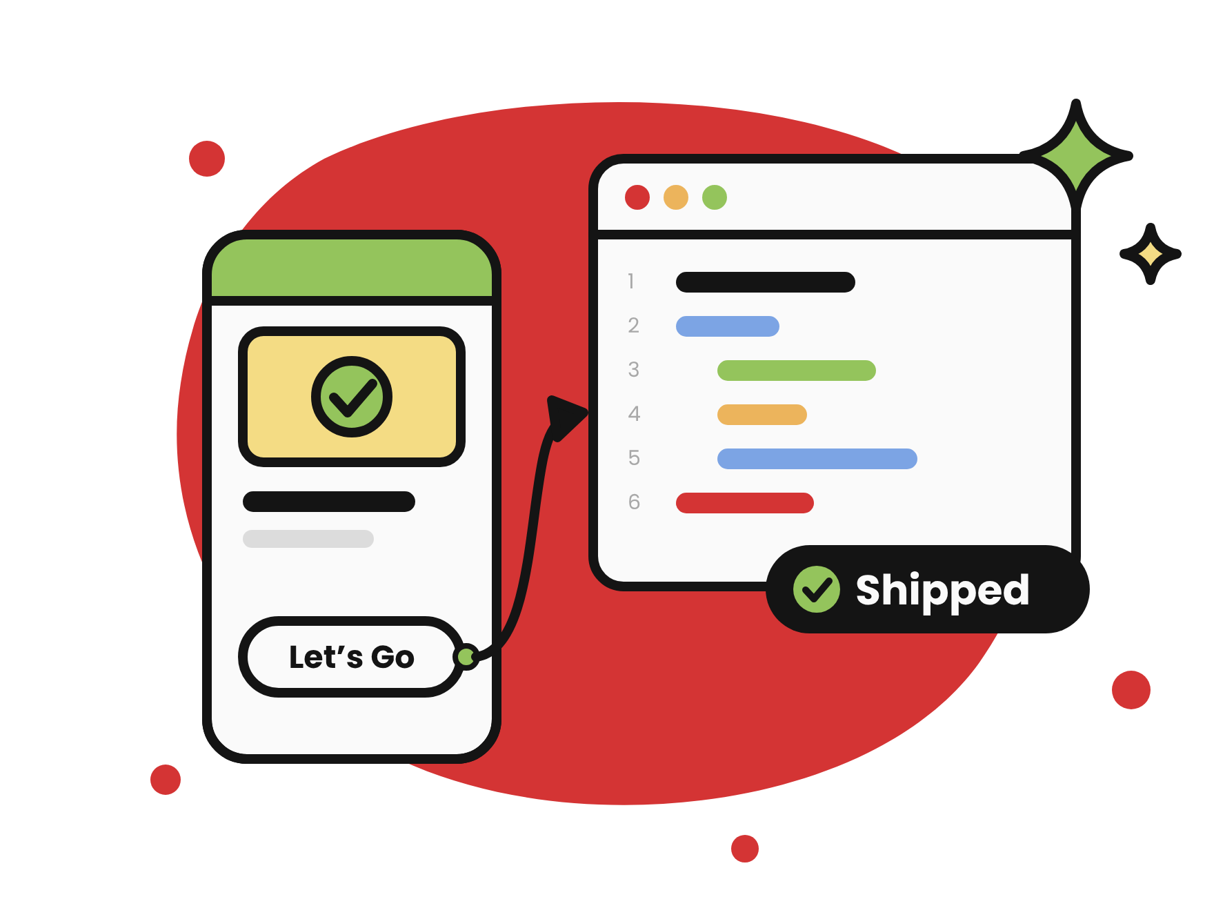 Illustration of a phone prototype linked to a code editor with a Shipped badgeIllustration of a sign-up screen connected to a confirmation screen in a prototype flow
