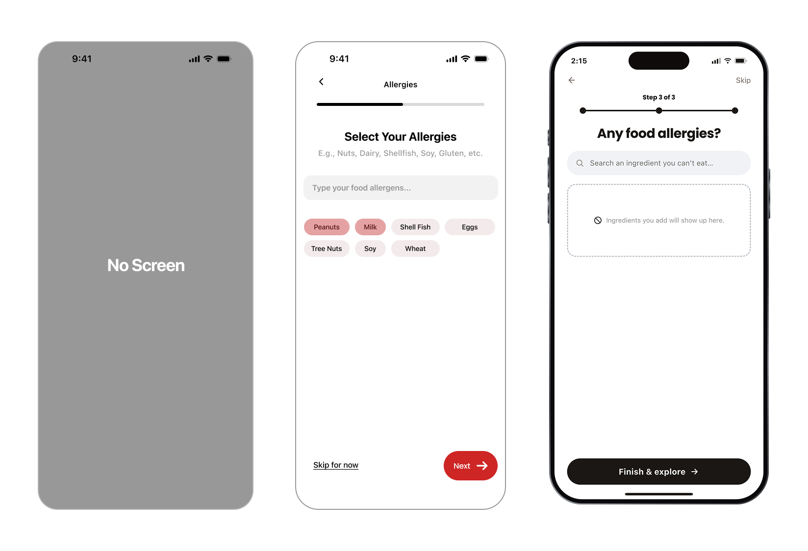 Three iterations of the Foodfeed allergies screen, from no screen to final design