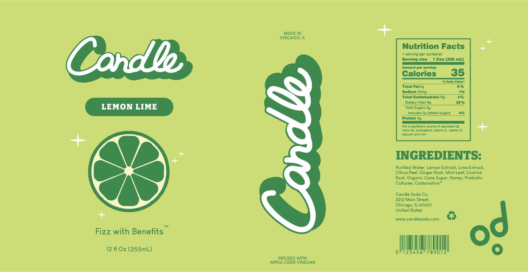 Flat can label design for Candle Lemon Lime soda with nutrition facts