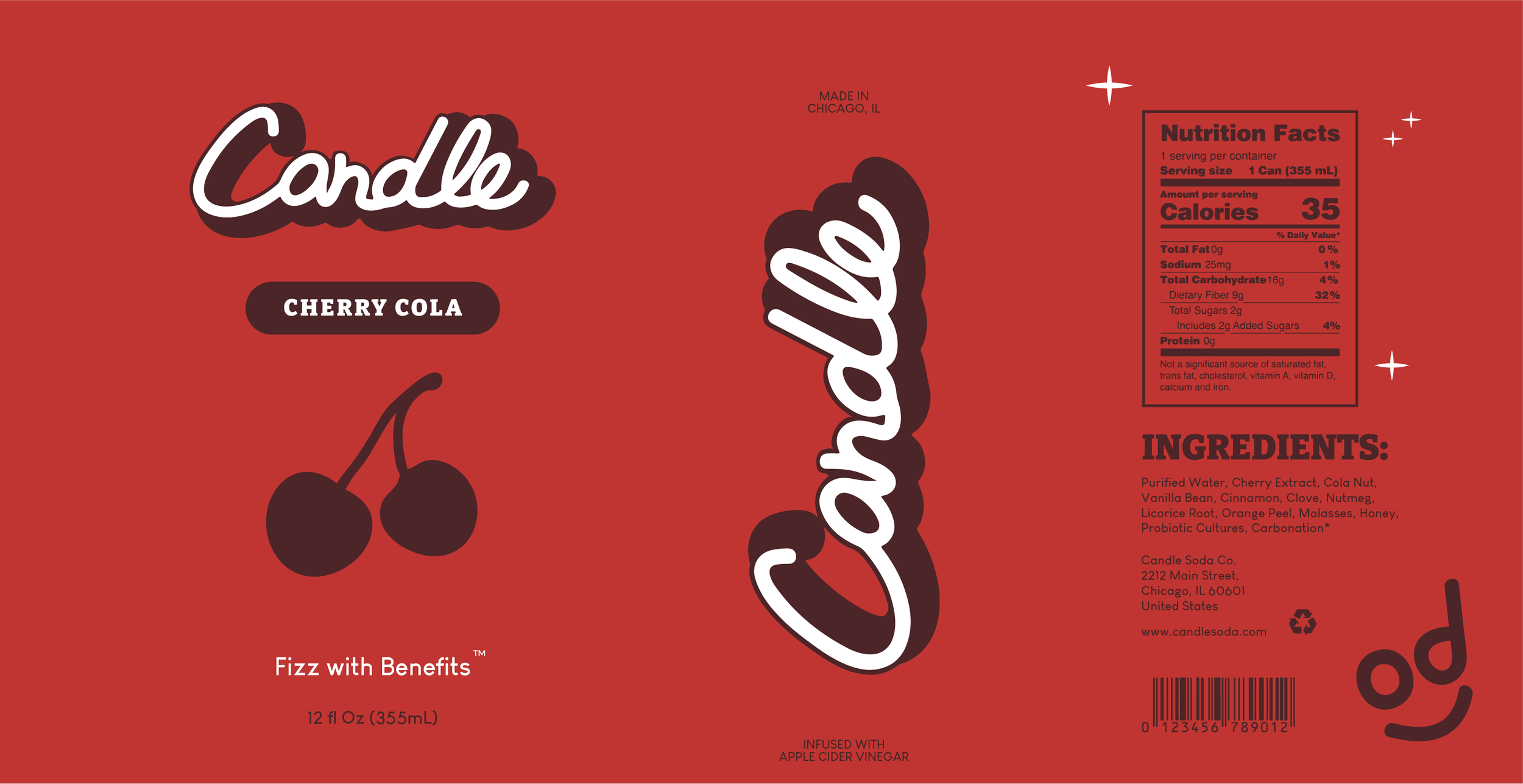 Flat can label design for Candle Cherry Cola soda with nutrition facts