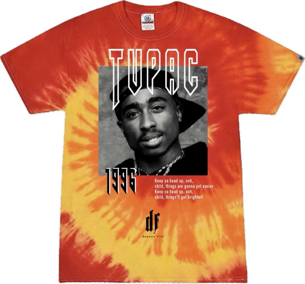 Orange and red tie-dye tee with a Tupac 1996 graphic print
