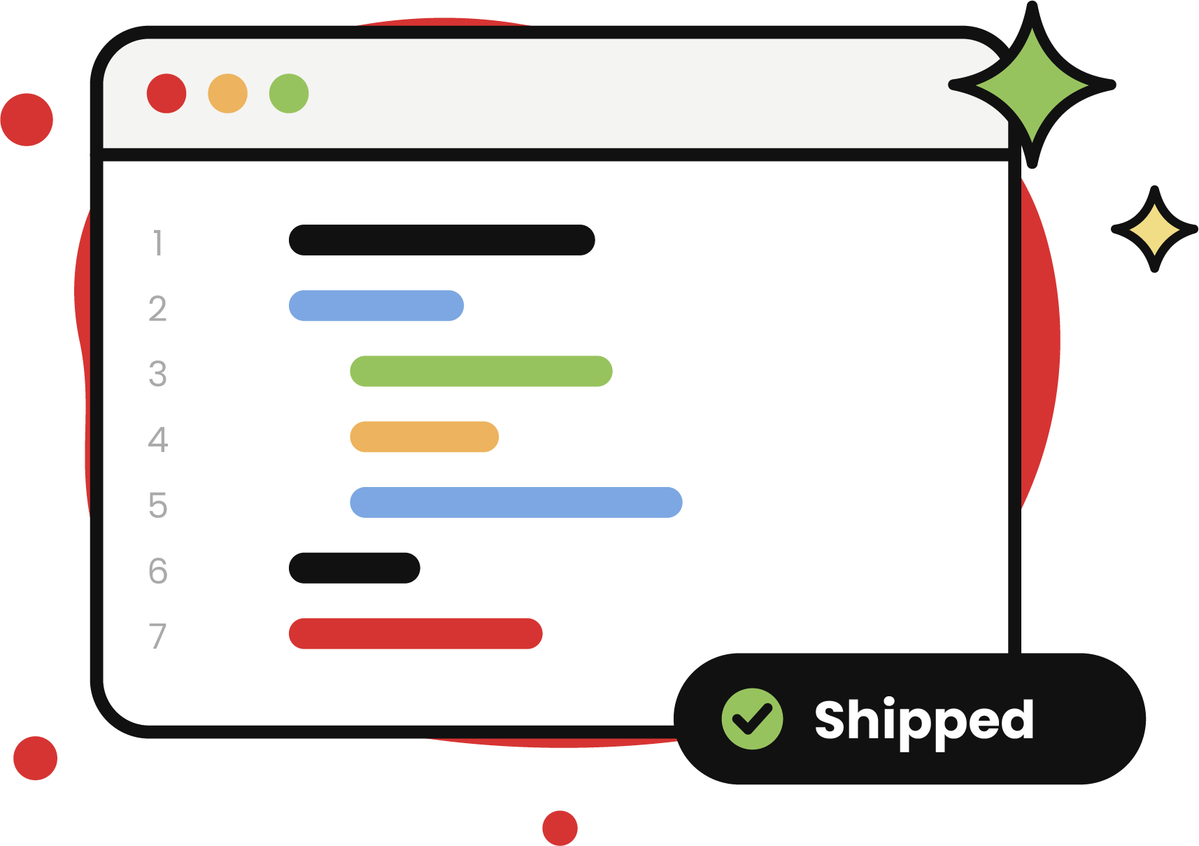 Illustration of a code editor window with a "Shipped" badge