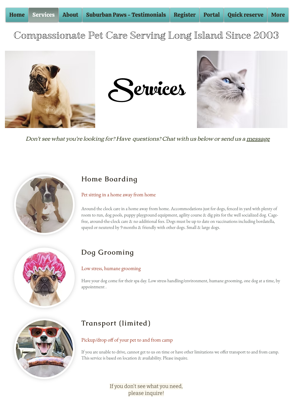 Original Suburban Paws Services page listing home boarding, dog grooming and transport