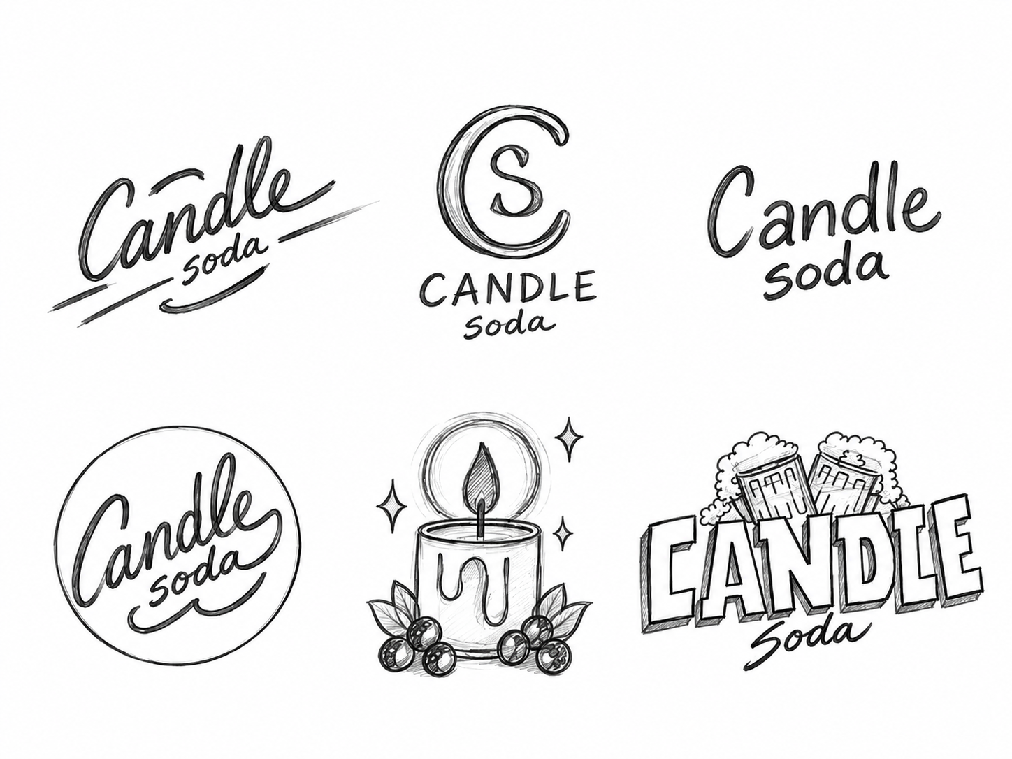 Six logo concept sketches for the Candle Soda redesign