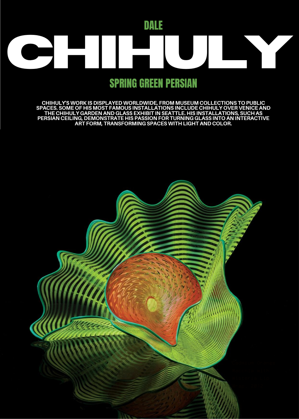 Chihuly exhibition poster featuring the green Spring Green Persian glass sculpture on black