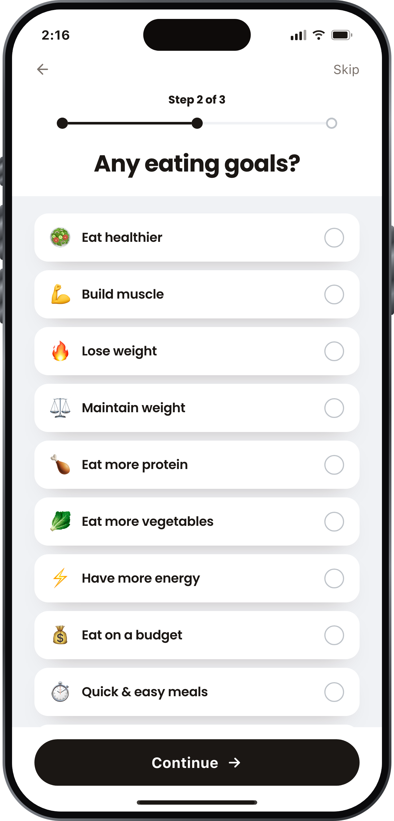Foodfeed onboarding screen asking "Any eating goals?" with options like eat healthier and build muscle