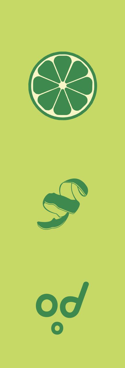 Lemon lime flavor panel with lime slice, peel and smiley icons on lime green