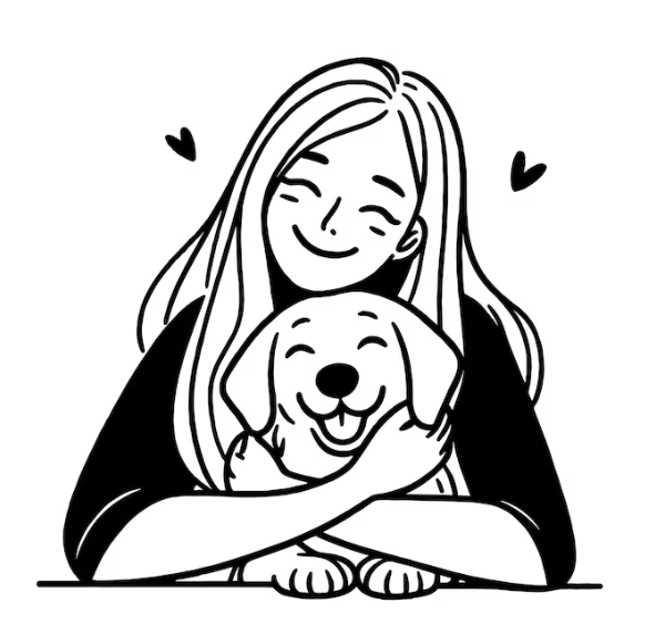 Line illustration of a smiling woman hugging a happy dog
