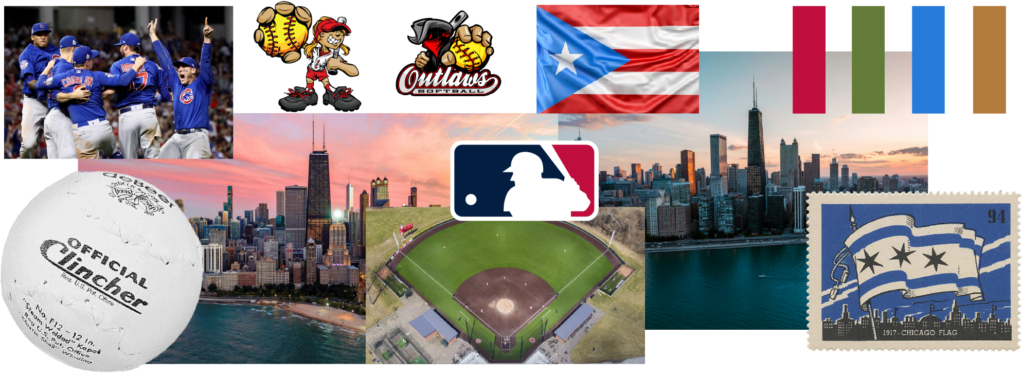 Mood board for the MLSA patch with softball imagery, the Chicago skyline, the Puerto Rican flag and team logos