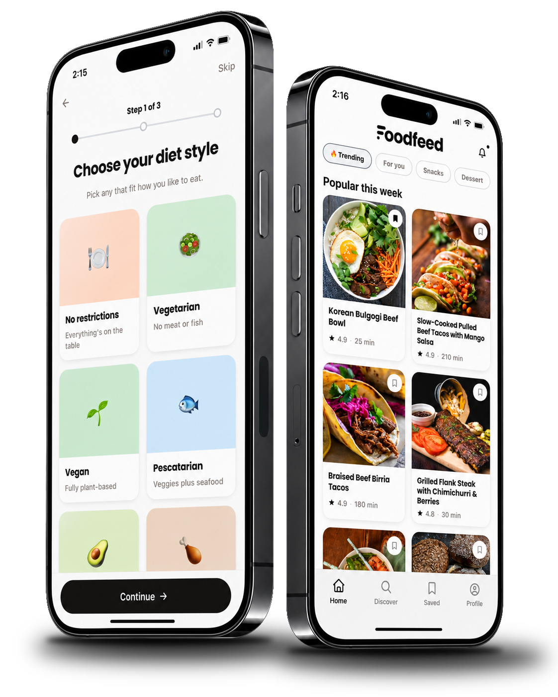 Two iPhones showing the Foodfeed app: the diet style onboarding screen and the home feed of popular recipes