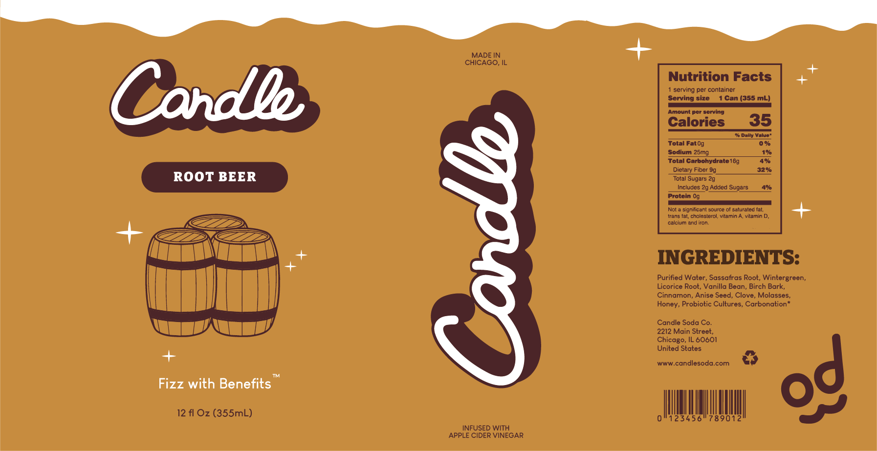 Flat can label design for Candle Root Beer soda with nutrition facts