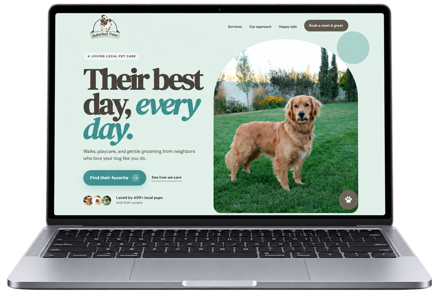 Redesigned Suburban Paws homepage with a golden retriever and the headline "Their best day, every day" on a laptop