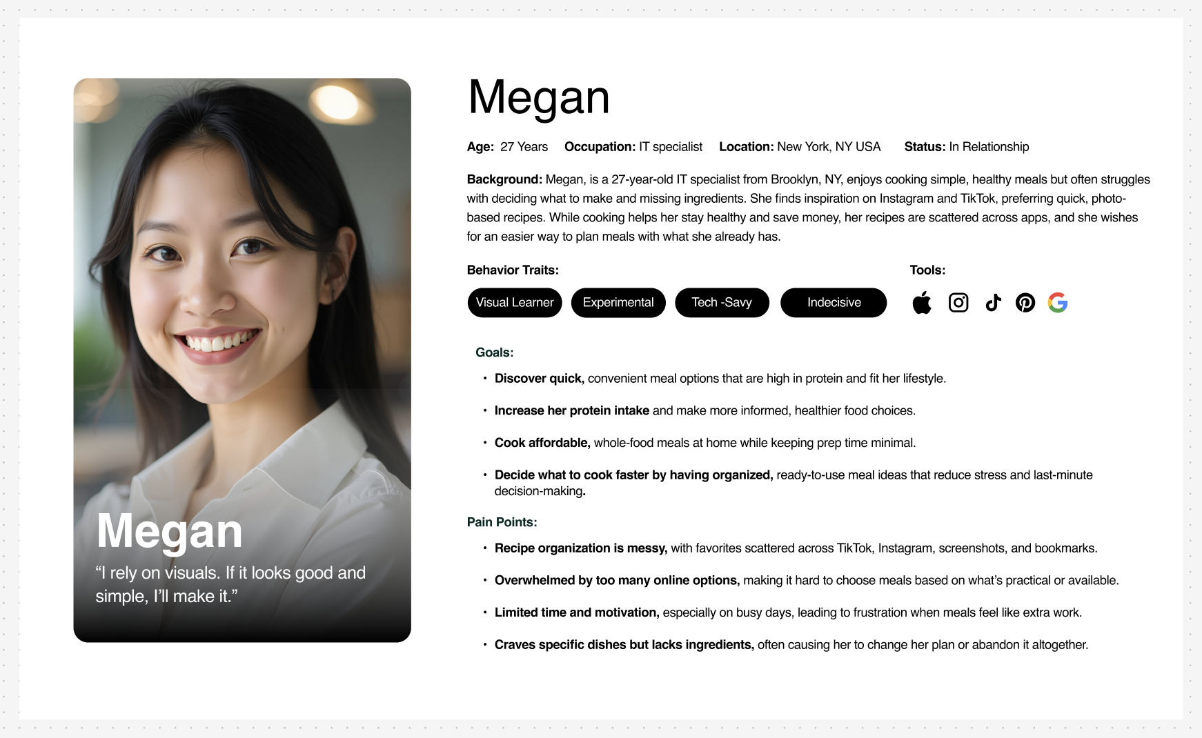 User persona for Megan, a busy young professional, with goals, pain points and behaviors
