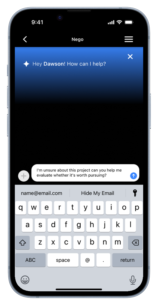 Nego AI chat screen where a freelancer asks whether a project is worth pursuing.