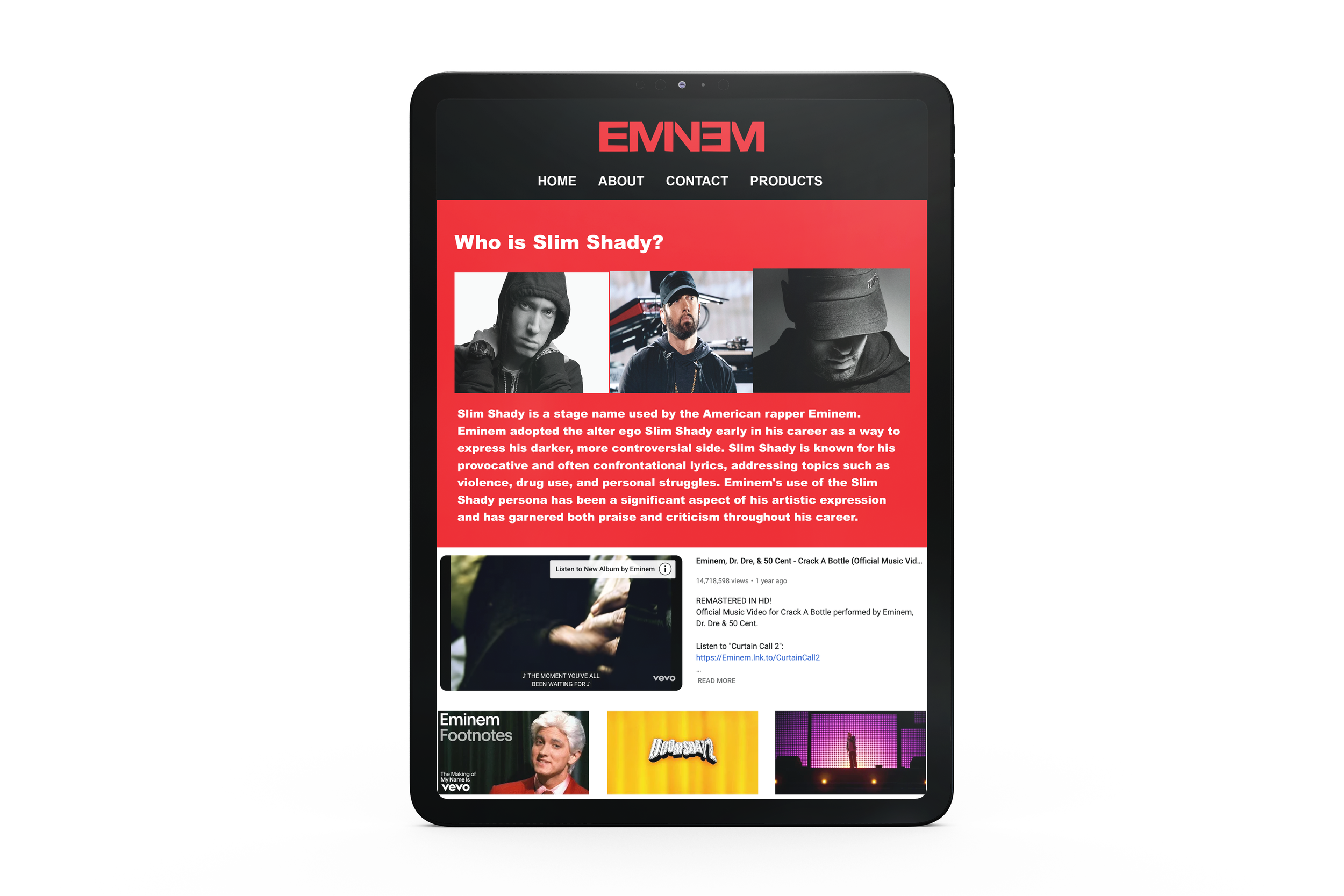 Student-designed tablet website for an Eminem fan page (2023)