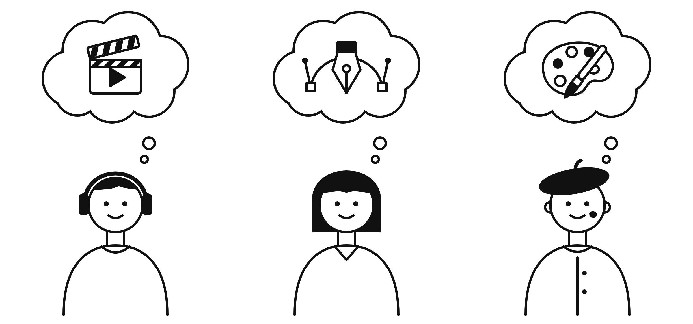 Illustrations of the three freelancers interviewed: a video editor, a graphic designer, and a painter, each thinking about their craft.