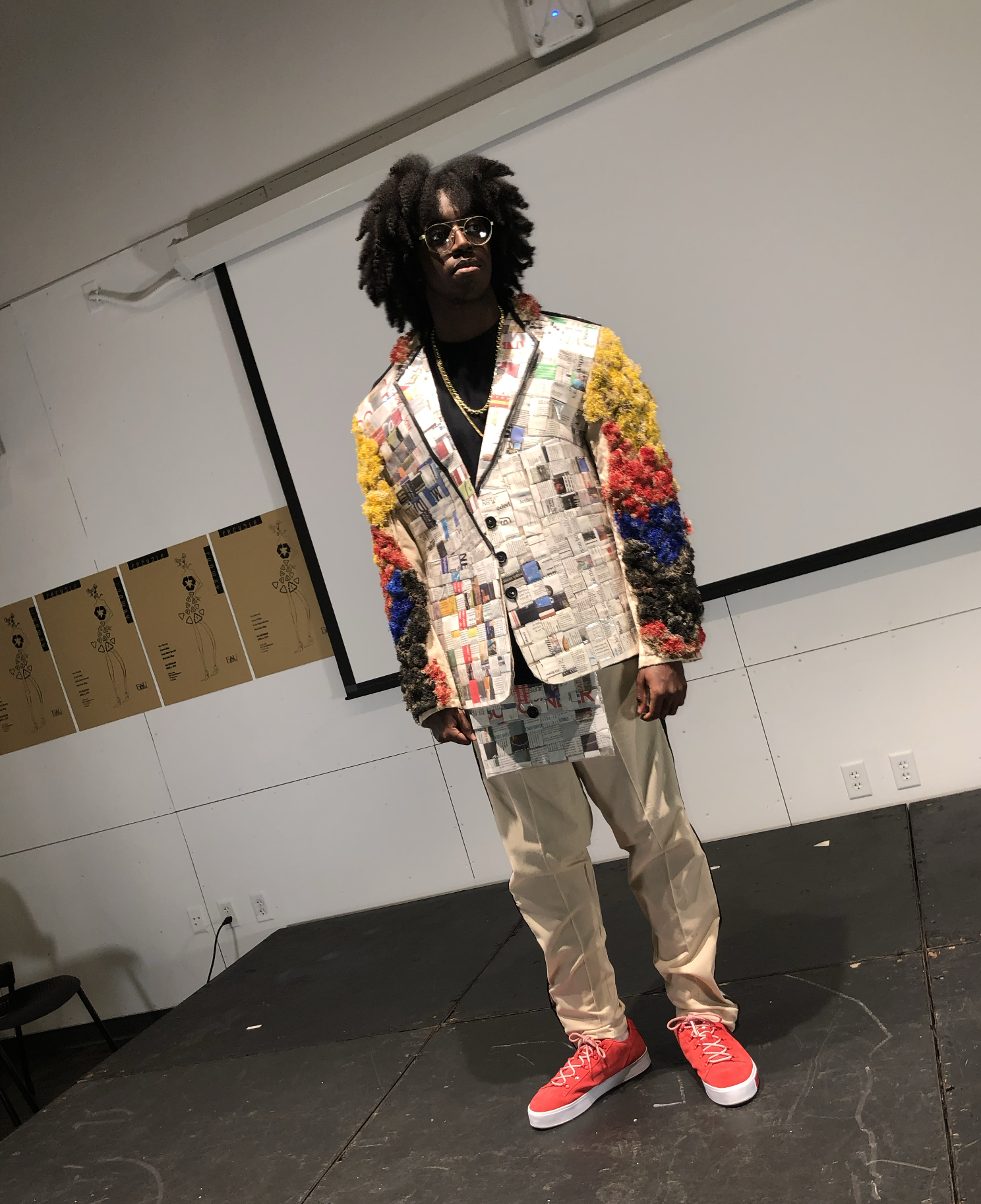 Model wearing a custom printed patchwork jacket with colorful sleeves