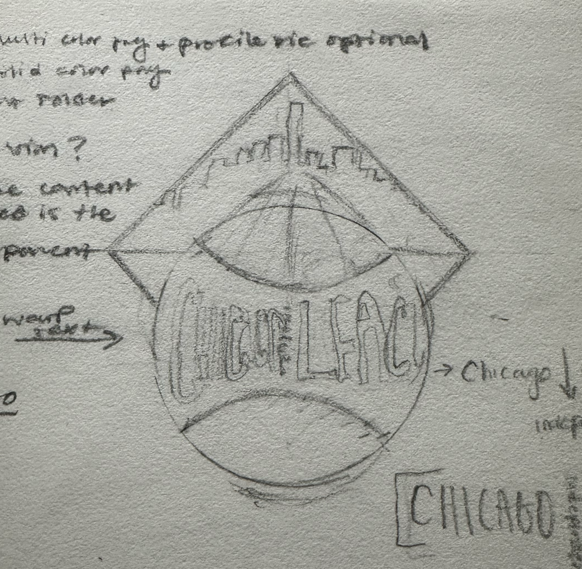 Pencil sketch of a diamond-shaped Chicago softball patch with notes