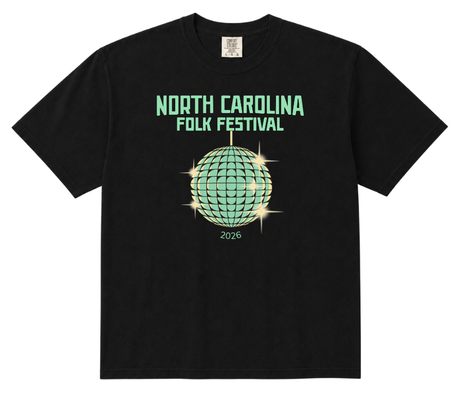 Black North Carolina Folk Festival 2024 tee with a disco ball graphic