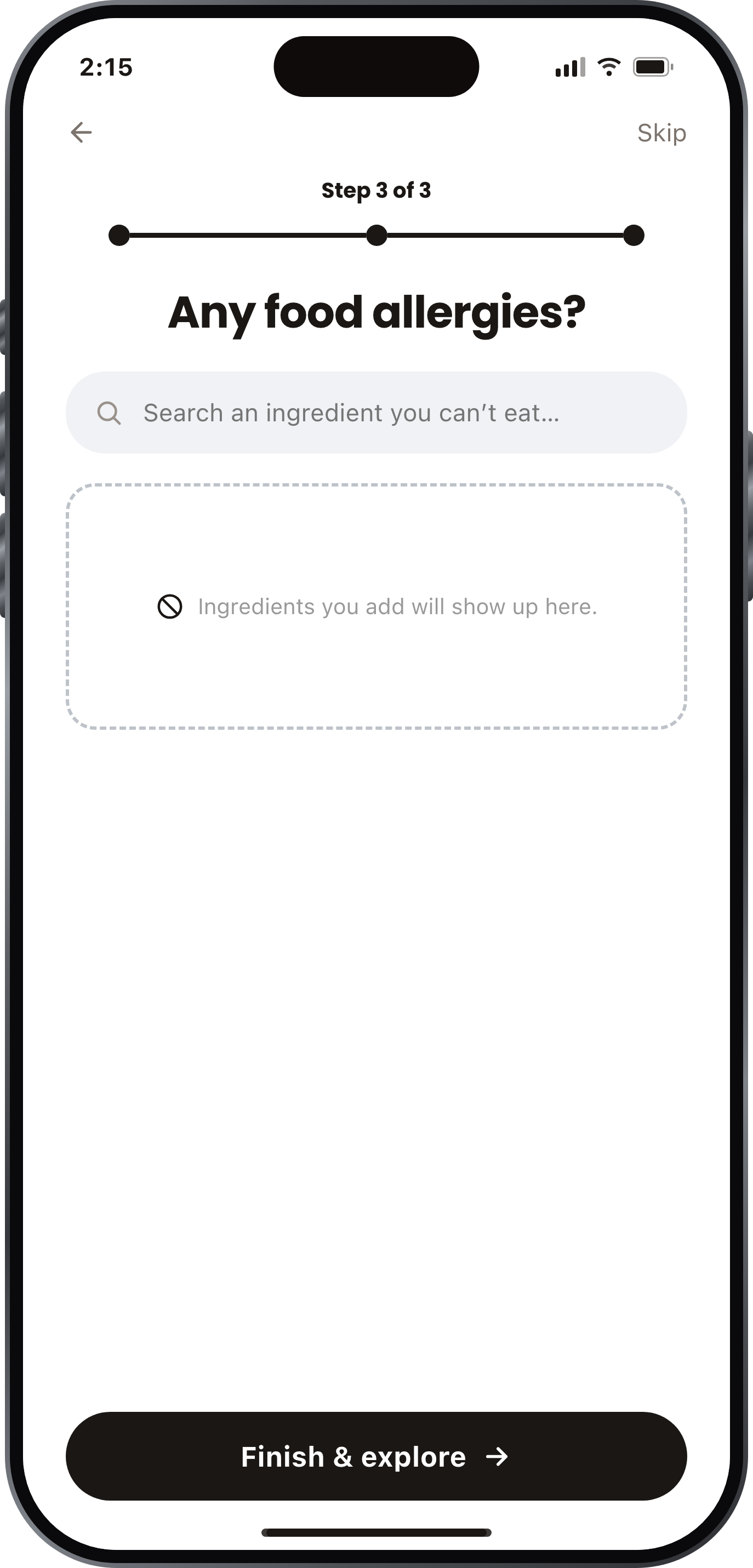 Foodfeed onboarding screen asking "Any food allergies?" with an ingredient search