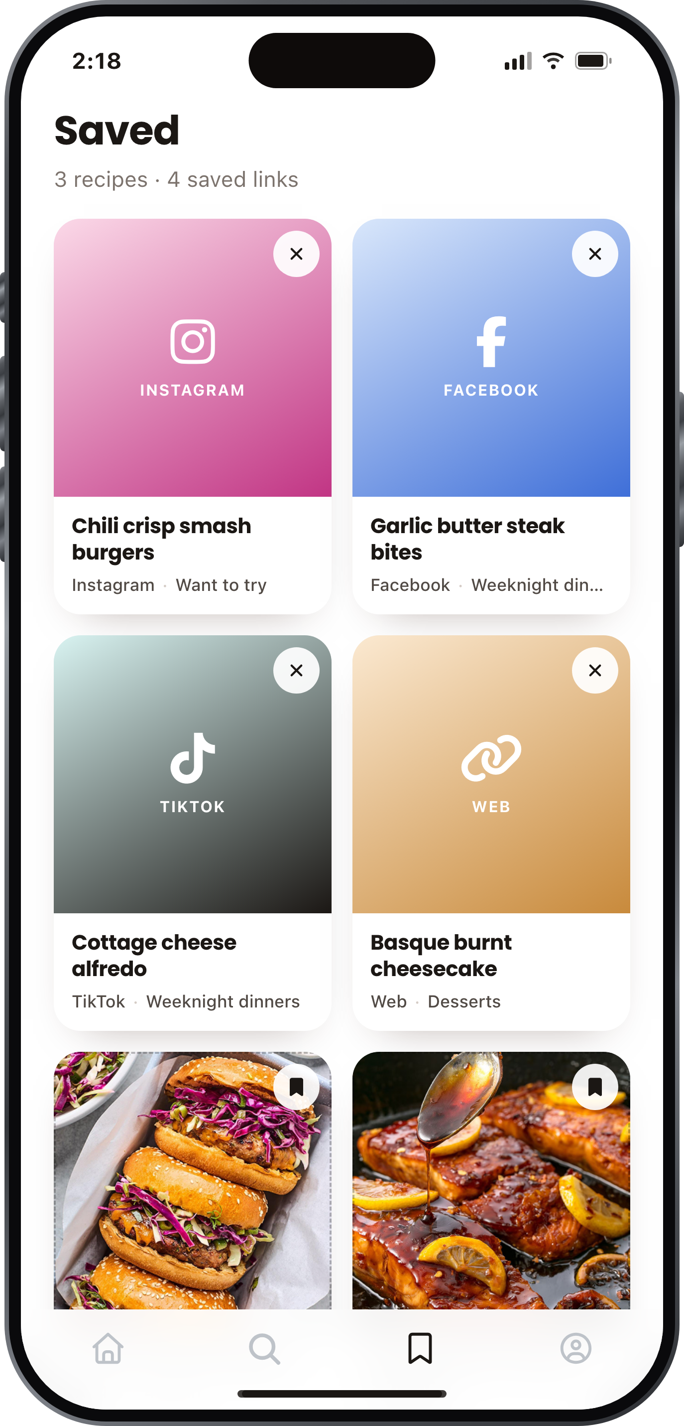 Foodfeed Saved screen with recipes saved from Instagram, Facebook, TikTok and the web