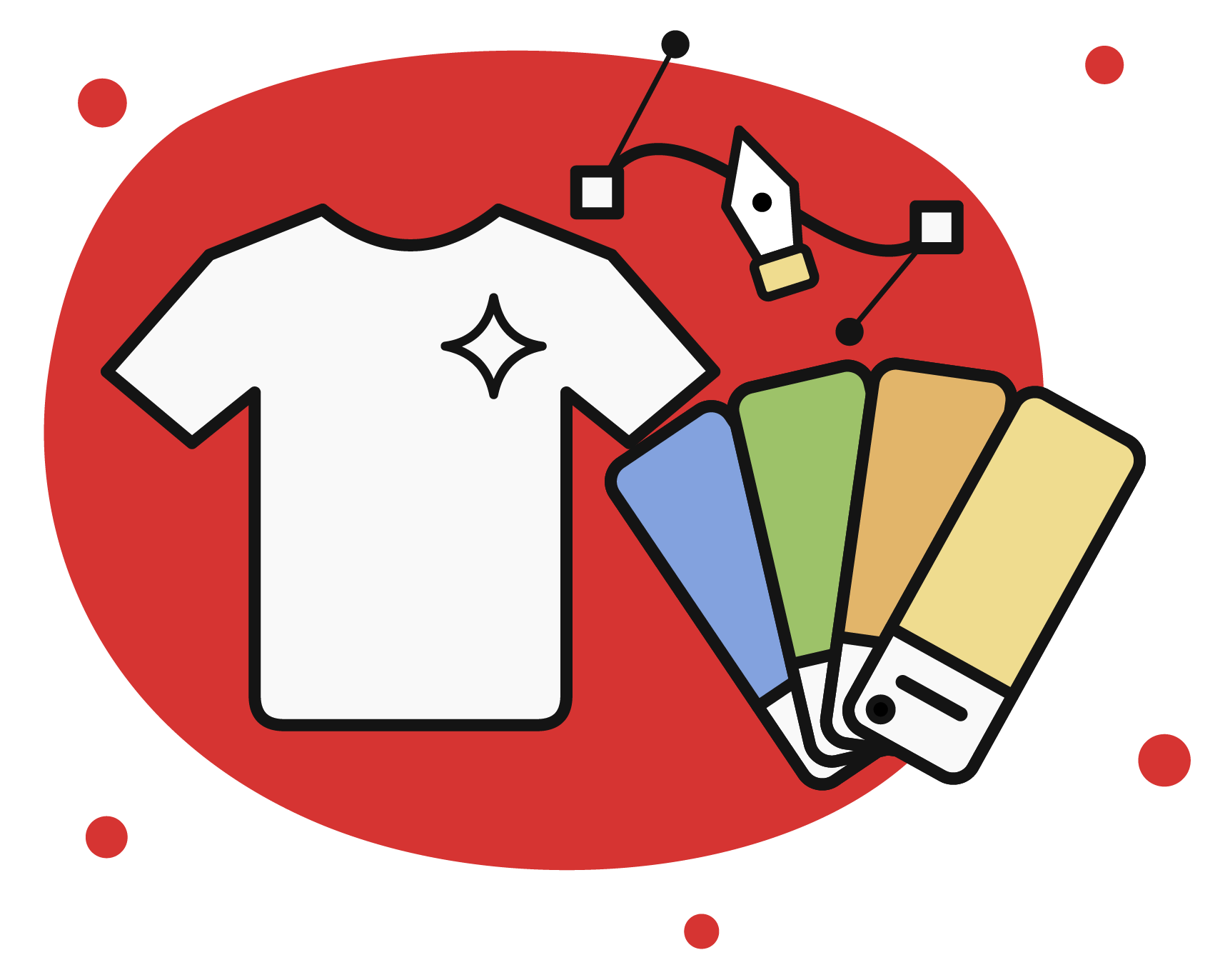 Illustration of a t-shirt with a logo and a fan of color swatches