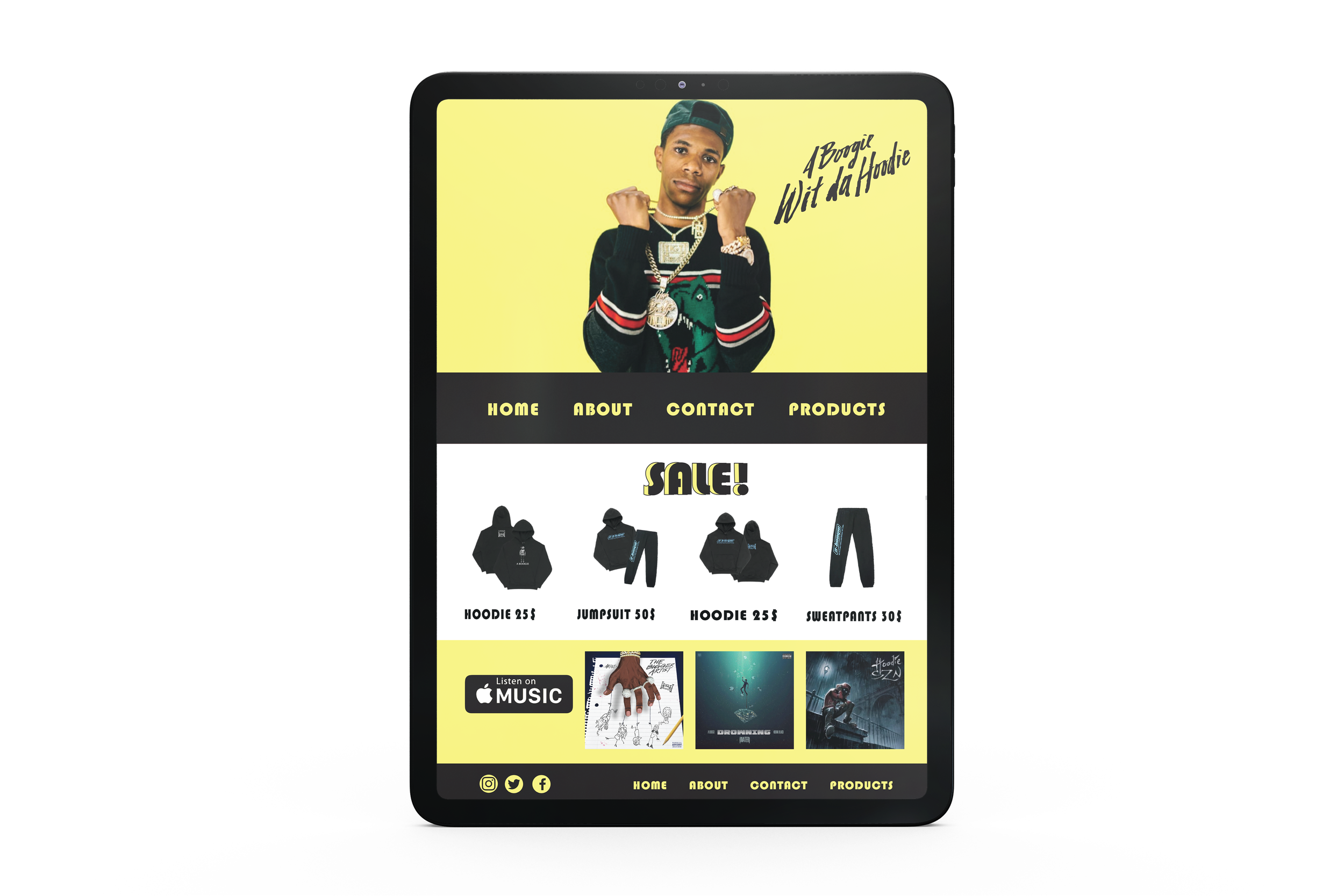 Student-designed tablet website for an A Boogie merch store (2023)