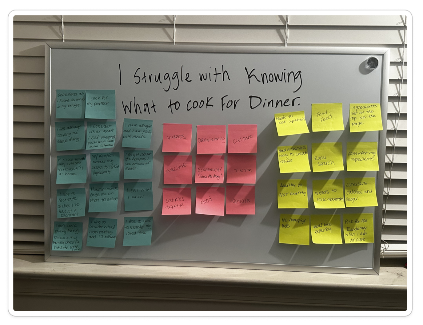 Whiteboard reading "I struggle with knowing what to cook for dinner" covered in color-coded sticky notes