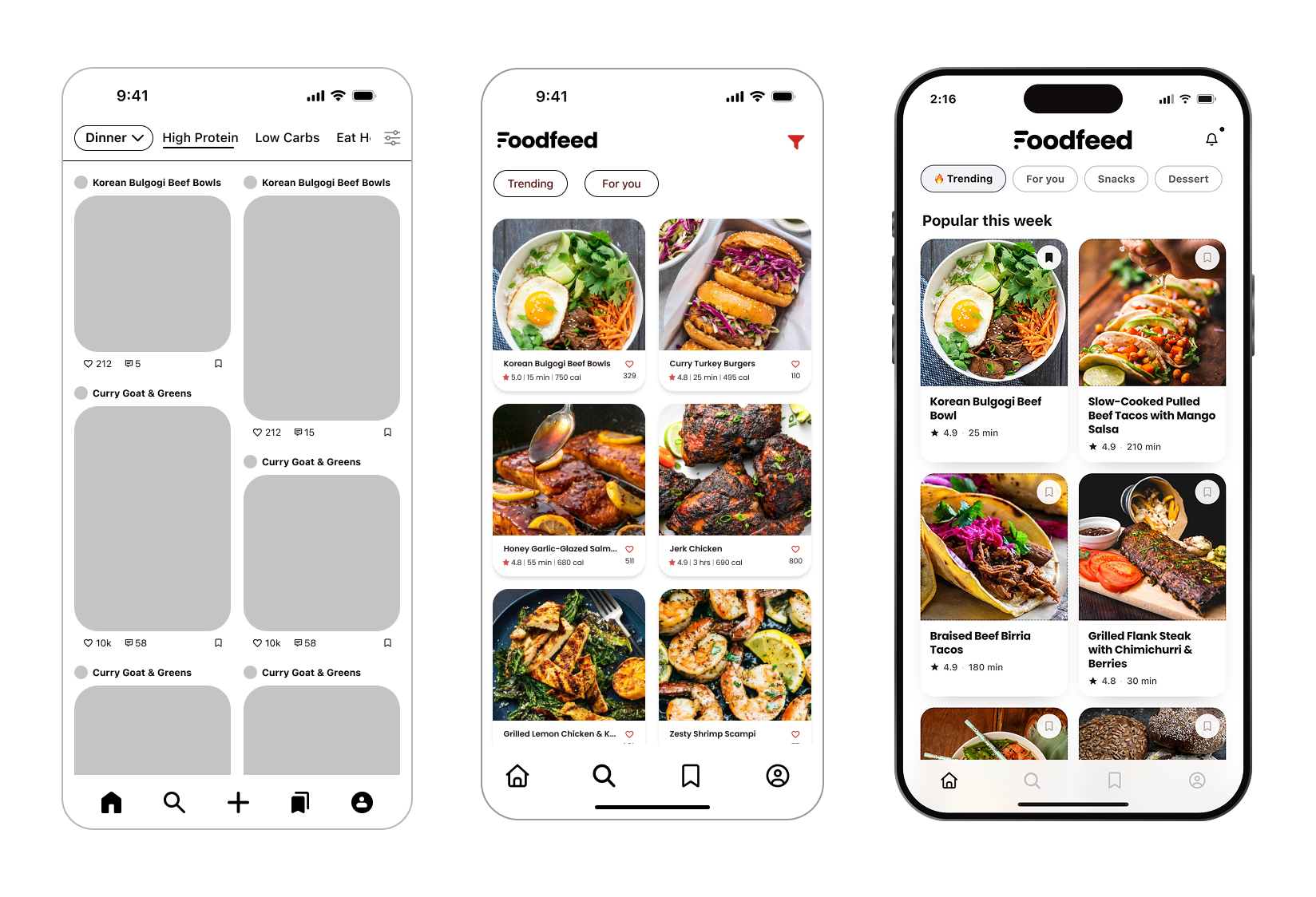 Three iterations of the Foodfeed home feed, from gray wireframe to final recipe grid