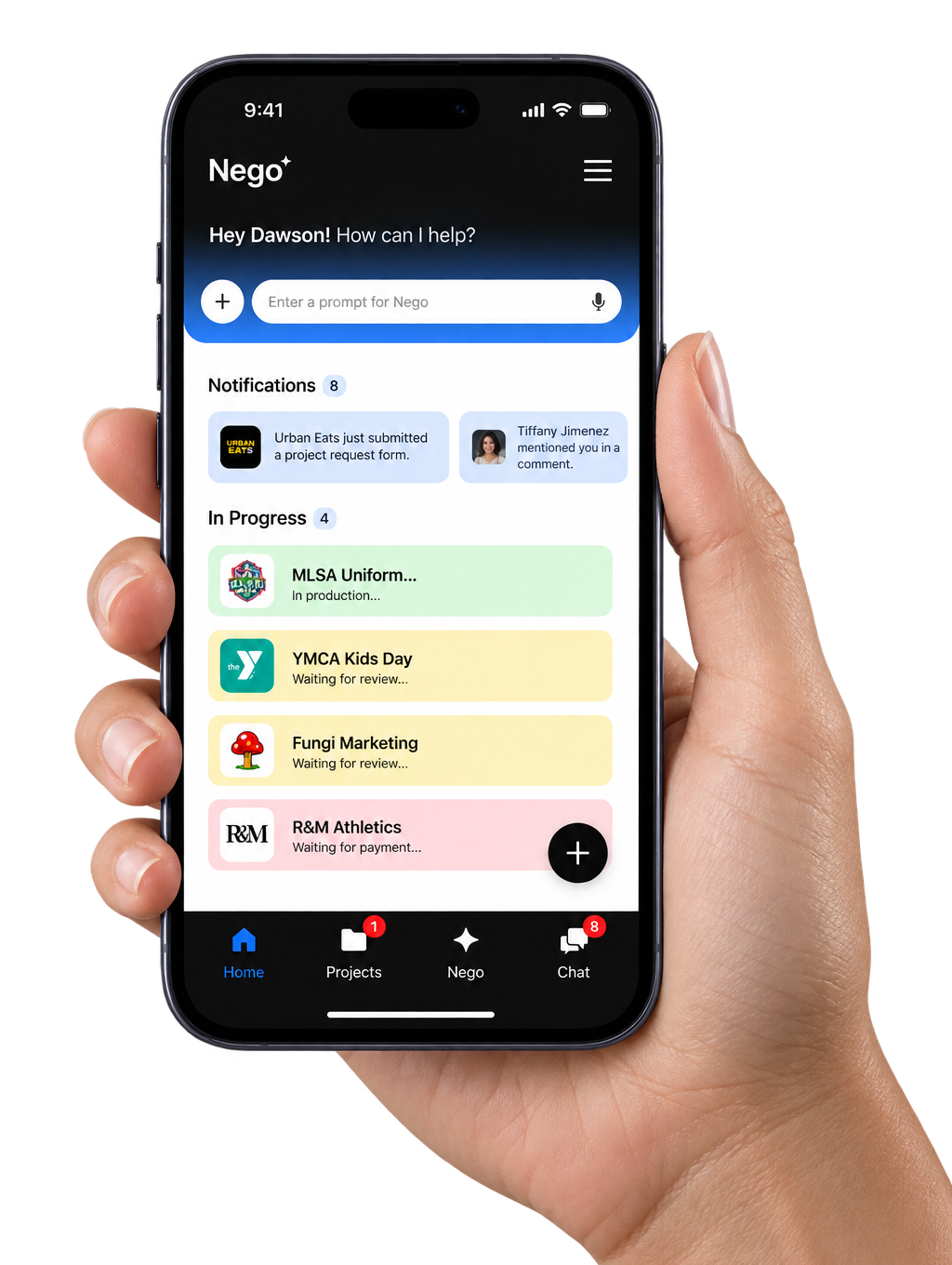 Hand holding an iPhone showing the Nego freelance app home screen