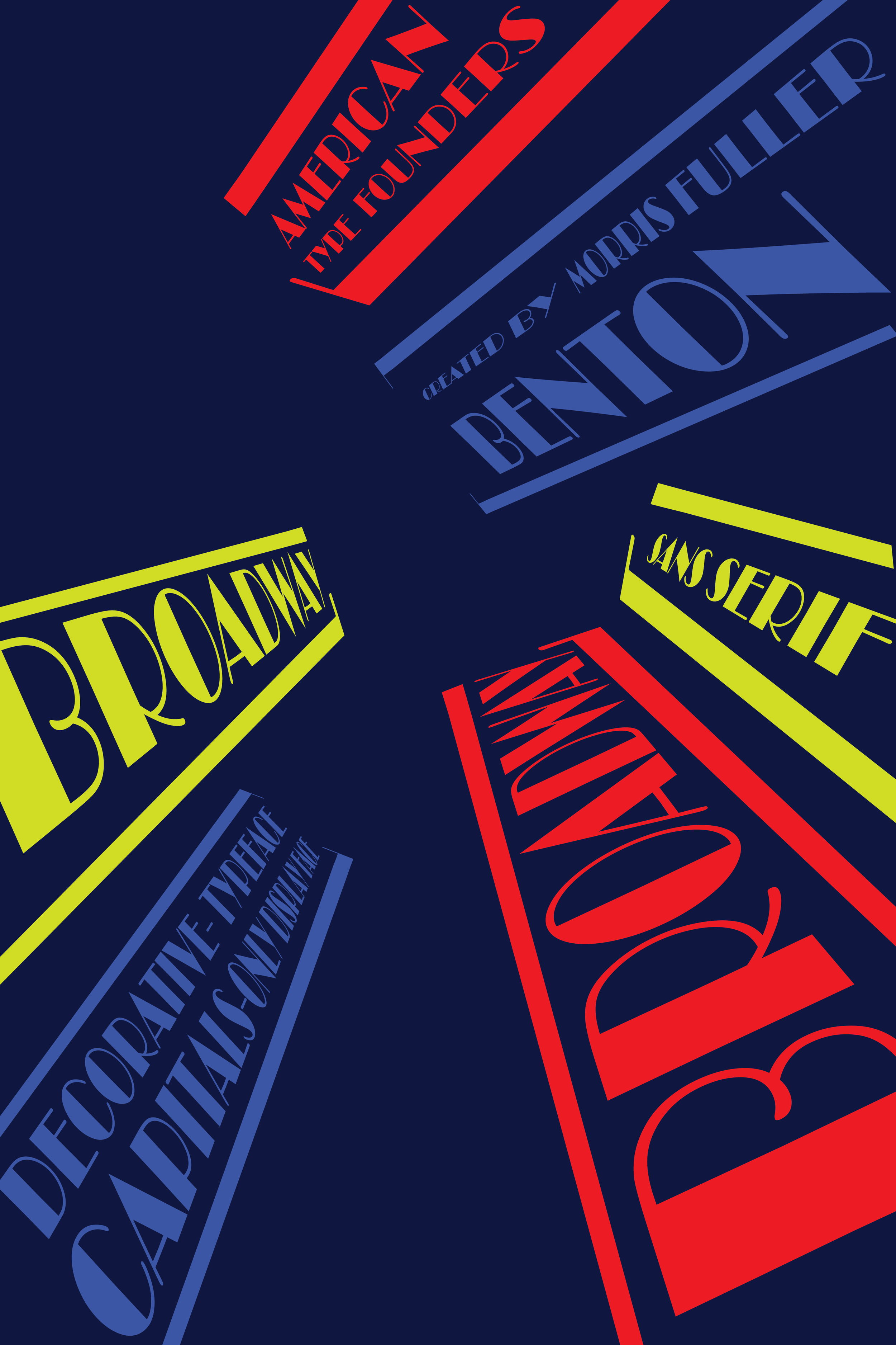 Typographic poster with bold Broadway lettering radiating across a navy background