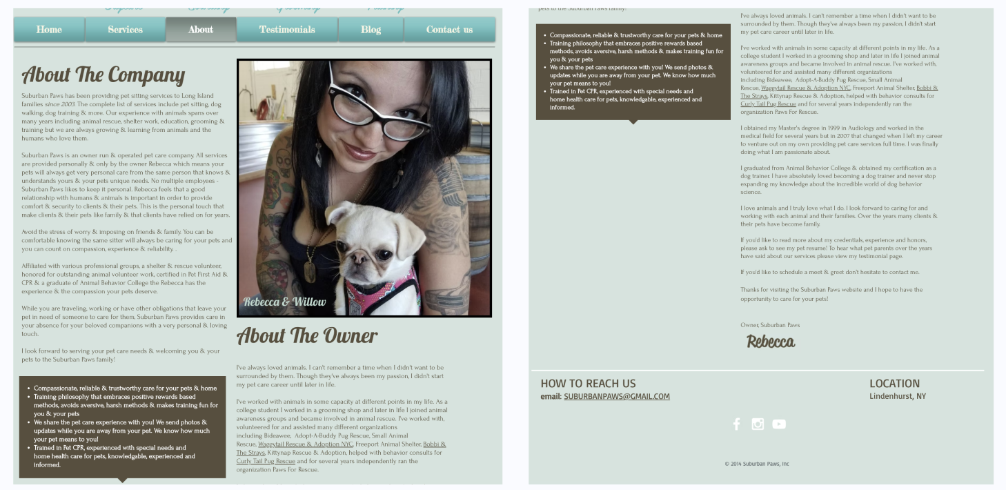 Original Suburban Paws About page and footer reviewed for key findings