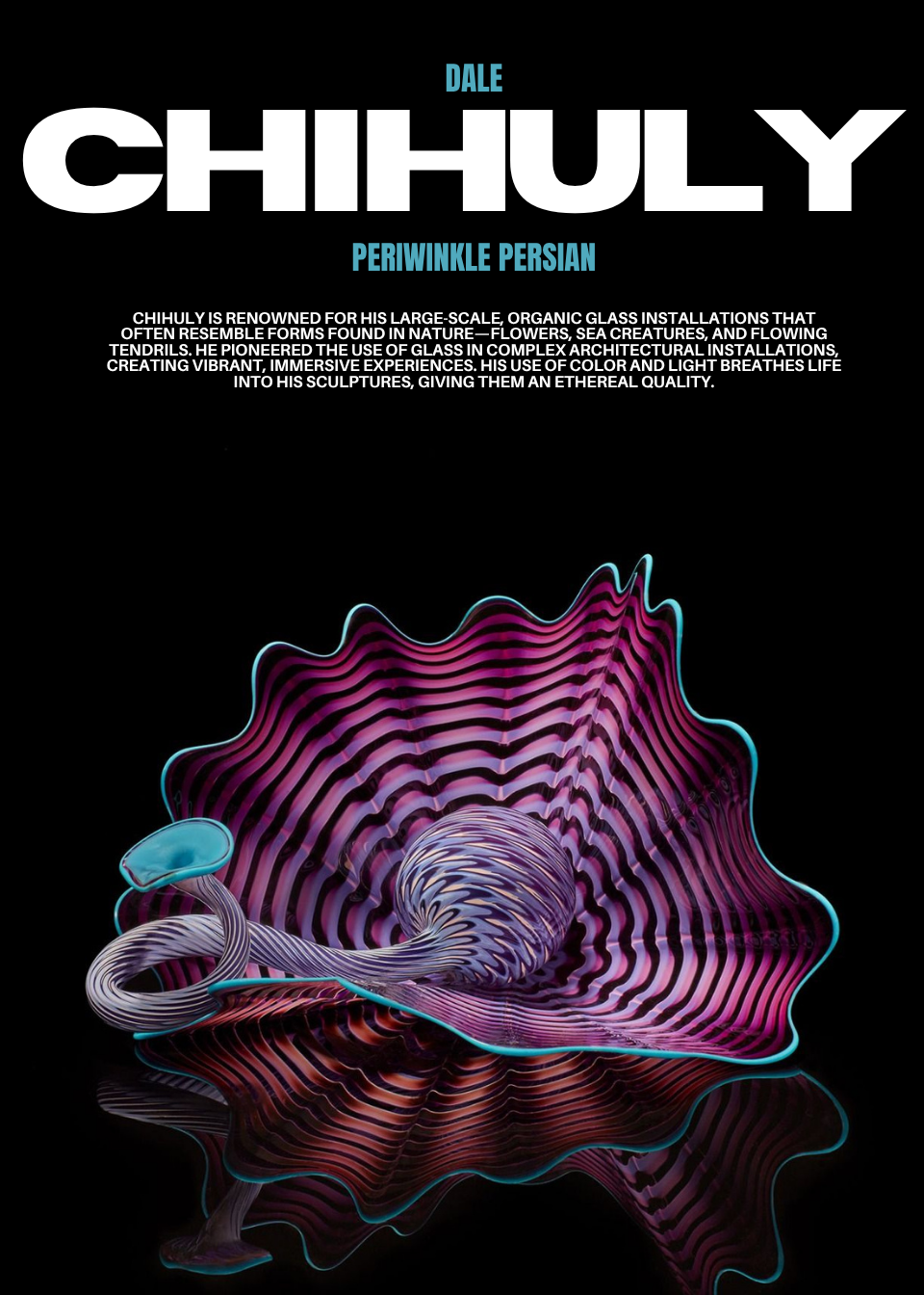 Chihuly exhibition poster featuring the purple Periwinkle Persian glass sculpture on black