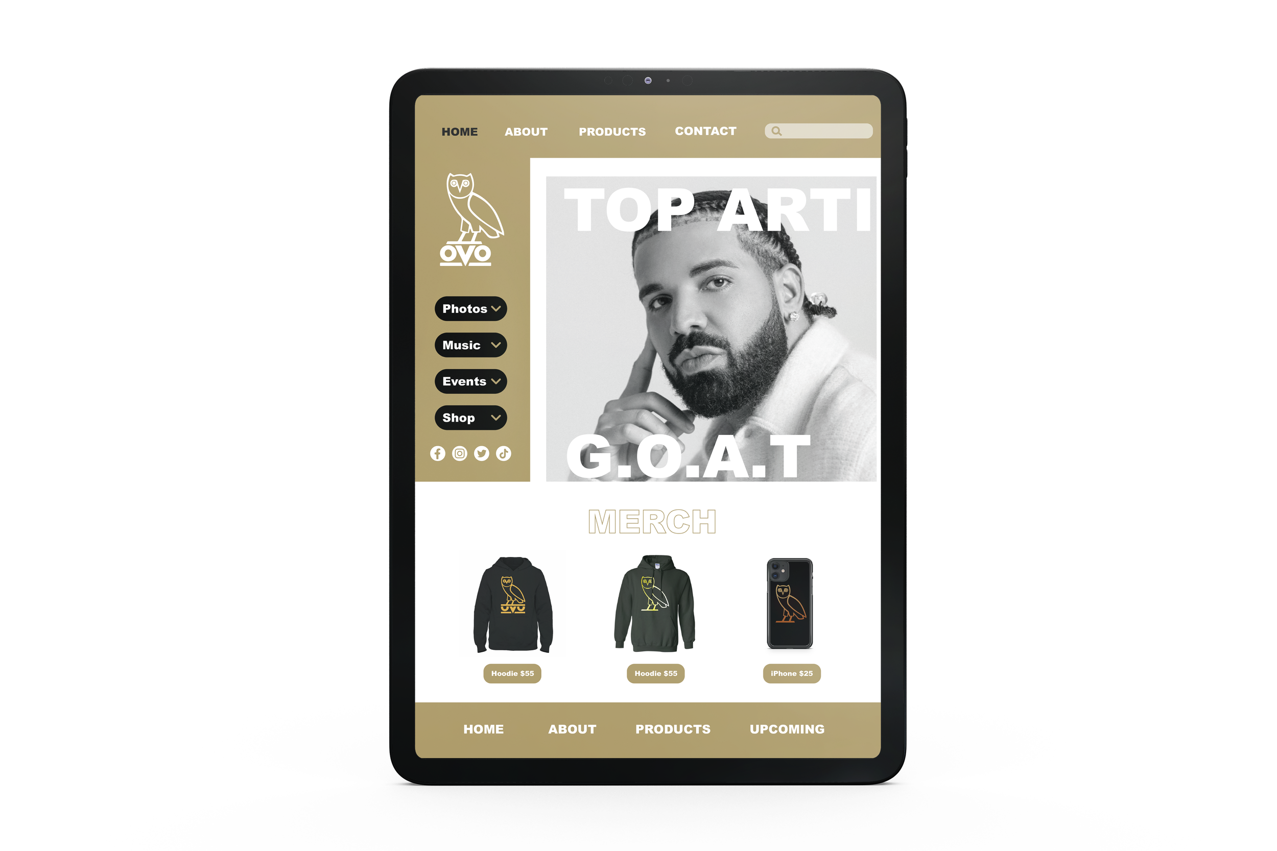 Student-designed tablet website for a Drake fan page with OVO merch (2023)