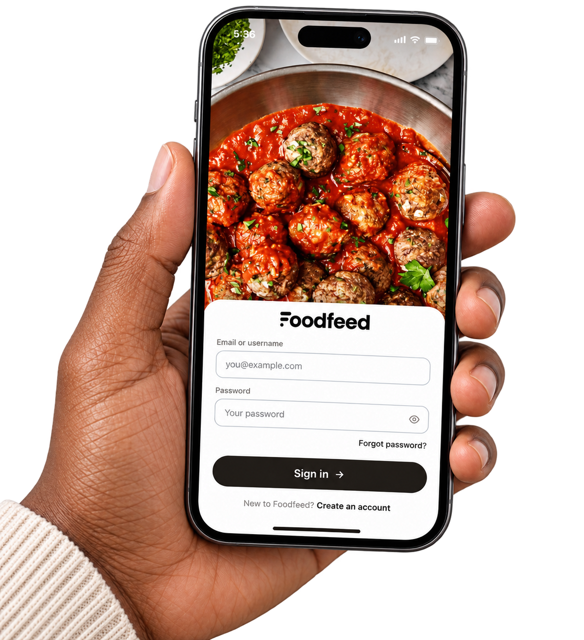 Hand holding an iPhone showing the Foodfeed app sign-in screen