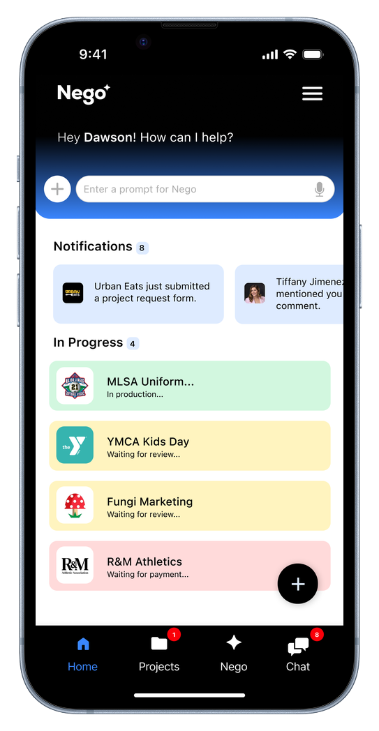 Nego home screen with an AI prompt bar, notifications, and in-progress projects color-coded by status.