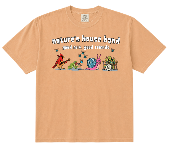 Peach tee with a "Nature's House Band" illustration of animals playing instruments