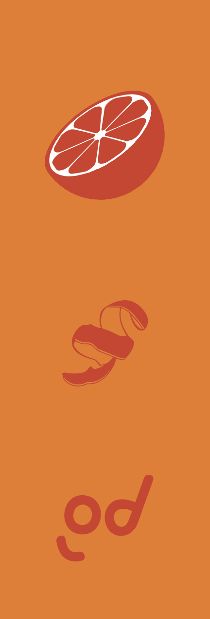Orange flavor panel with orange slice and peel icons on orange