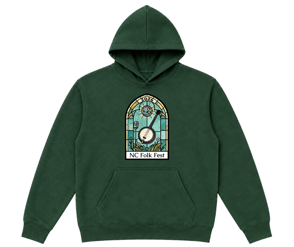Forest green NC Folk Fest hoodie with a stained-glass banjo graphic