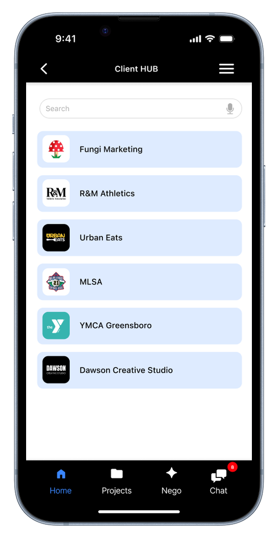 Nego Client Hub screen with a searchable list of clients, from Fungi Marketing to YMCA Downtown.