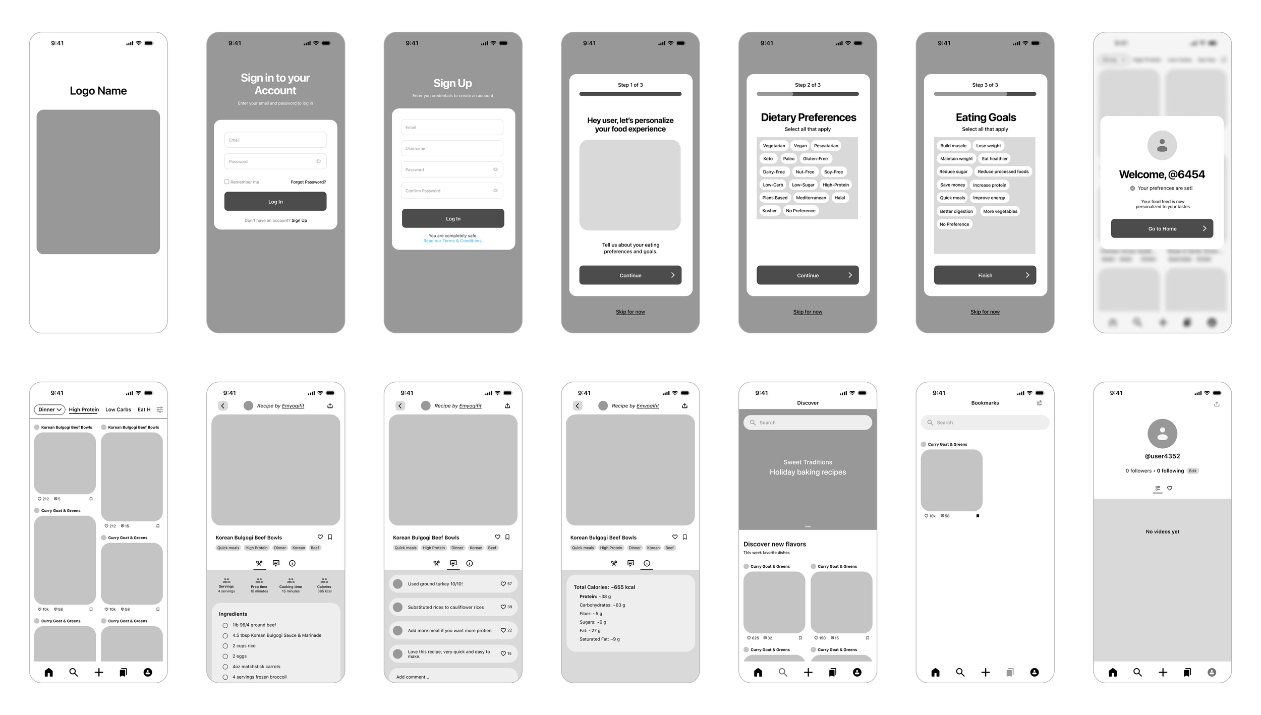 Low-fidelity grayscale wireframes for the Foodfeed app screens