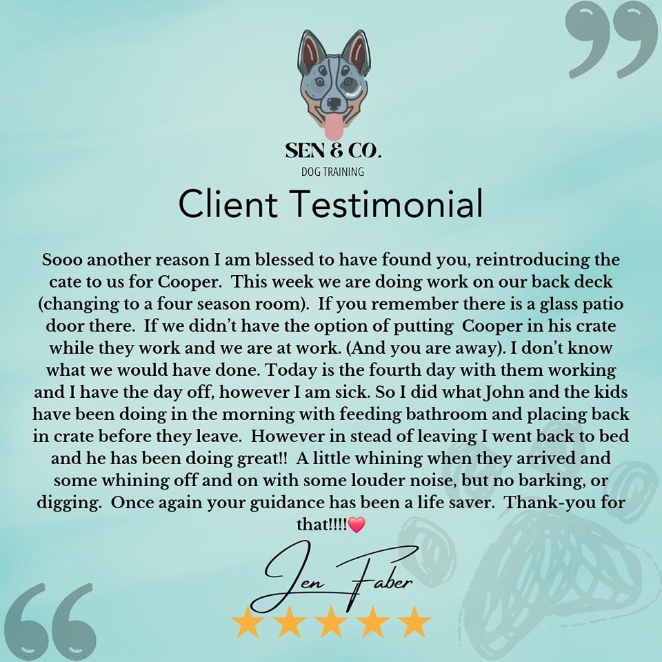 Thank you so much, Jen! Hearing these kind of stories is why I love working with dogs like Cooper. I'm so glad to hear that everything is going great at home!

#tuesdaytestimonial #customerfeedback #dogtrainerslife