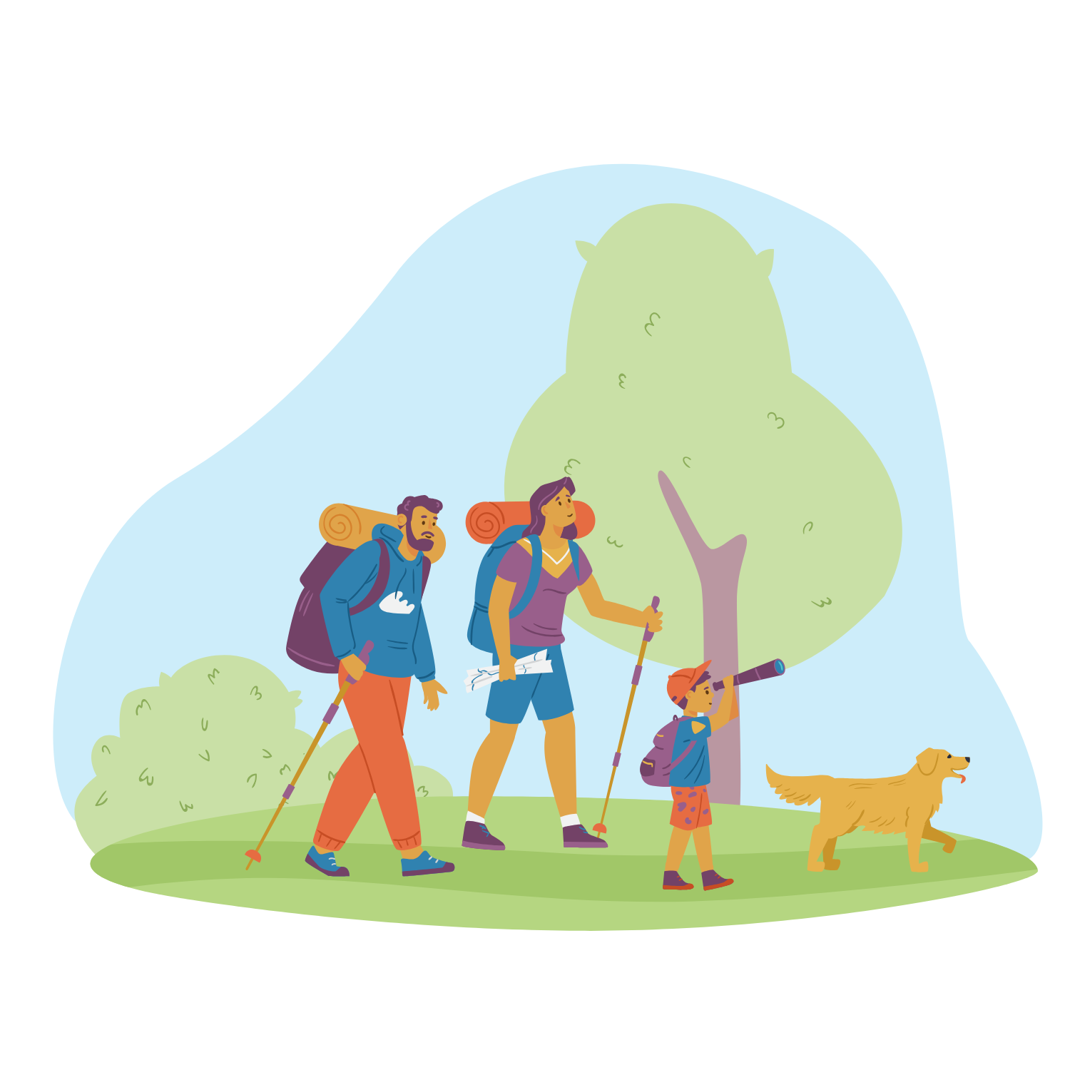 Cartoon of a family (dad, mom, child, dog) on a hike in the park