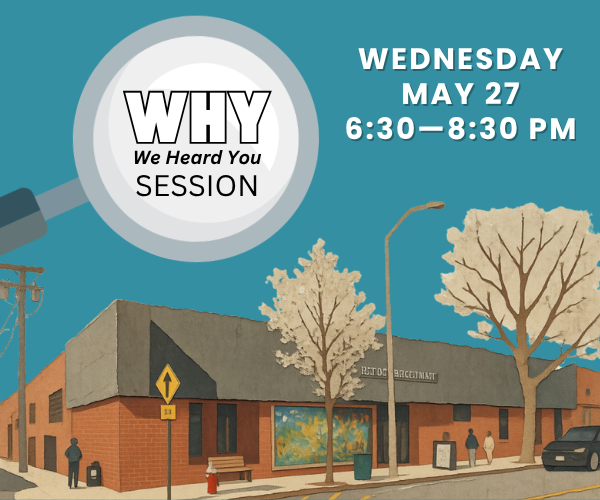 An artistic rendering of the library with the text "Wednesday, May 27, 6:30 - 8:30" on it.