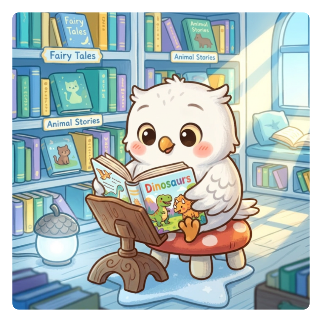 Chappy the Owl Reading a Dinosaur Book