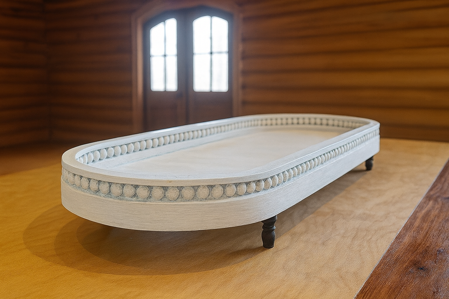 Handcrafted Beaded Wooden Tray – Distressed White Riser