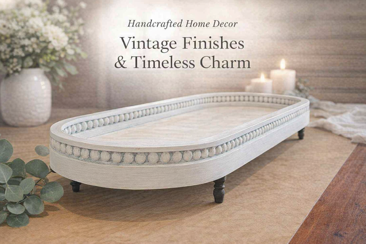 Oval Beaded Tray – Vintage White  Handcrafted Elegance for Your Home